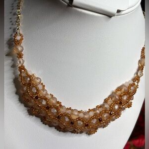 Handcrafted Hessonite Garnet Necklace with Cream Czech Beads 16.5 inches